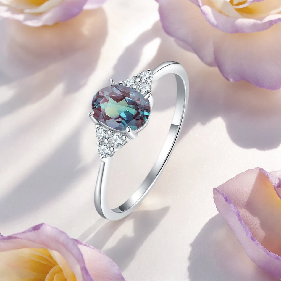 ALLNOEL 0.86ct Oval Alexandrite Rings For Women Solid 925 Sterling Silver Color Changing June Birthday Gemstone Engagement Gifts