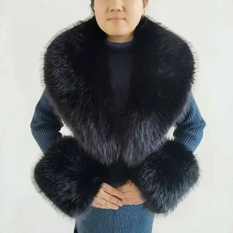 Large Winter Faux Fox Fur Scarf Women Jackets Warm Fluffy Shawl Fashion Artificial Fur Collar And Cuff Set Fluffy Scarves Female