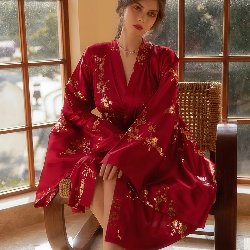 Luxury Burgundy Kimono Robe Women Wedding Bride Bathrobe Sexy Bronzing Flower Morning Dressing Gown Elegant Sleepwear Nightgown - AMULET RING STORE