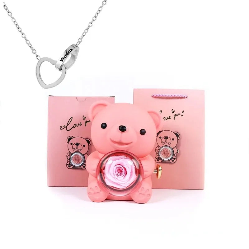 Eternal Rose Teddy Bear Jewelry Box with Custom Name Necklace Valentine Wedding Special Present for Girlfriend Anniversary gift - AMULET RING STORE