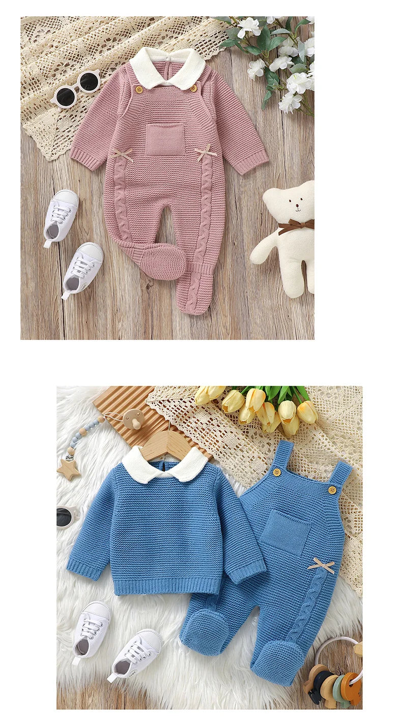 Autumn Baby Clothes Sets Knit Infant Boy Girl Sweater Long Sleeve+Romper Sleeveless Newborn Kid Pullover+Jumpsuit Foot Wrap 0-9M - AMULET RING STORE
