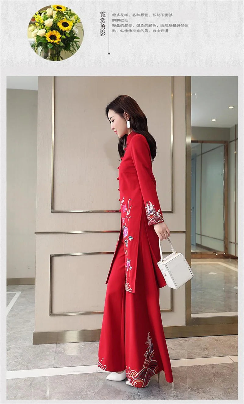 Long Ethnic Style Cheongsam Set Spring and Autumn Drop Feel Wide Leg Pants Mom Retro Slim Straight Tube Embroidery Two Piece Set