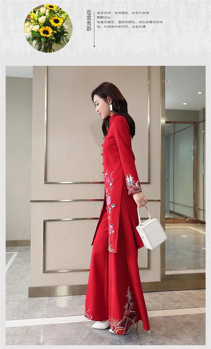 Long Ethnic Style Cheongsam Set Spring and Autumn Drop Feel Wide Leg Pants Mom Retro Slim Straight Tube Embroidery Two Piece Set