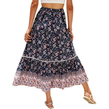 Women Long Skirt Elegant Elastic Waist Floral Flowy Summer Swing Skirt for Casual Daily