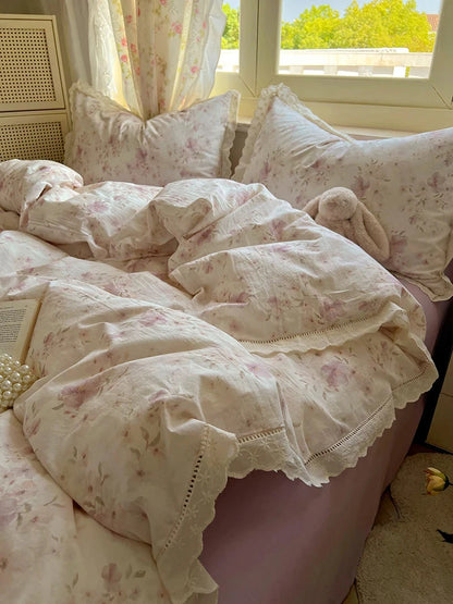 Washed Cotton Duvet Cover Sets Single/Queen/king Flower Printed Bedding Set Princess Style e housse de couette 220x240 with Lace - AMULET RING STORE