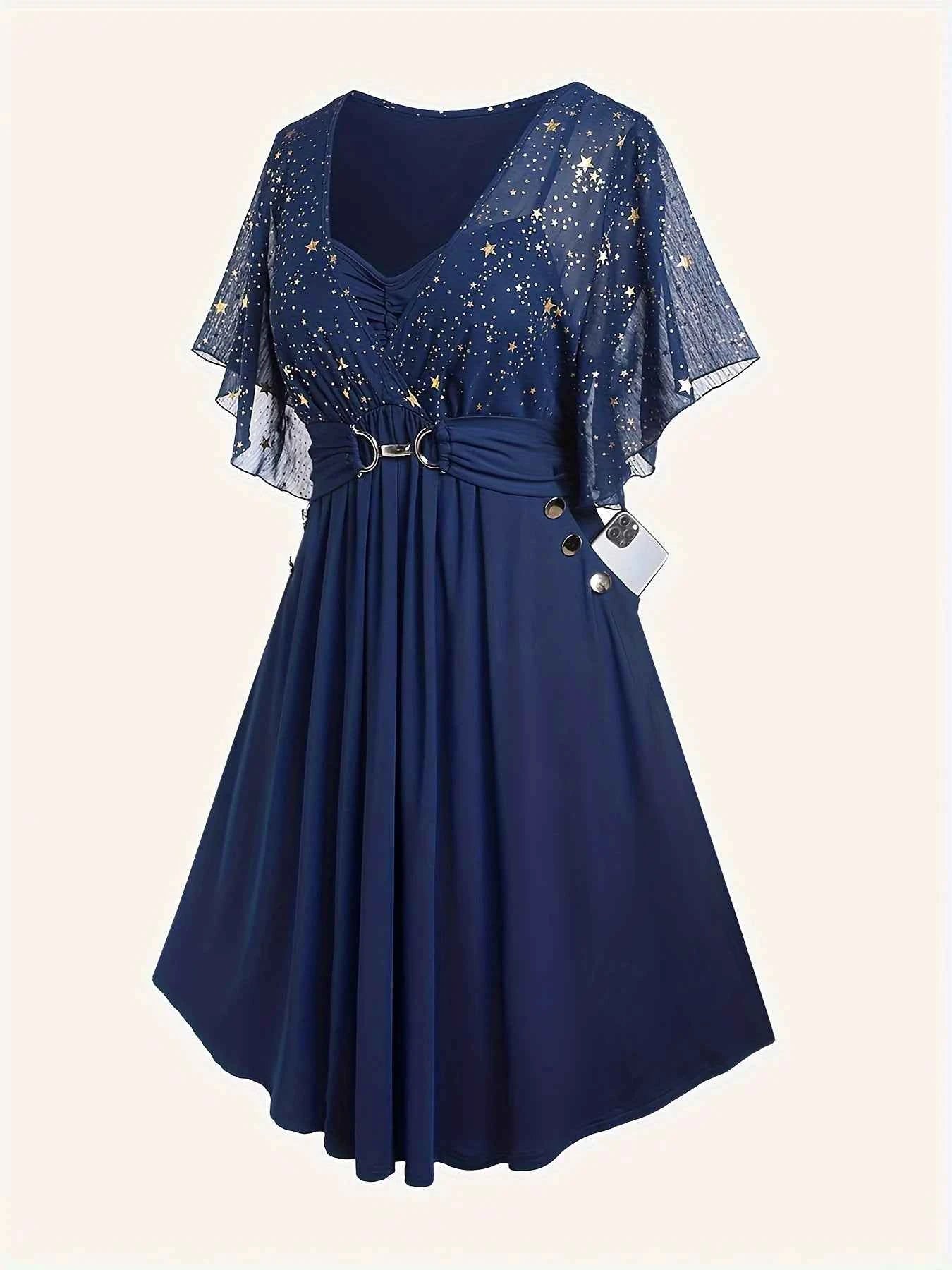 Fashion women's plus size explosions star print button pocket pleats butterfly sleeve elegant temperament dress