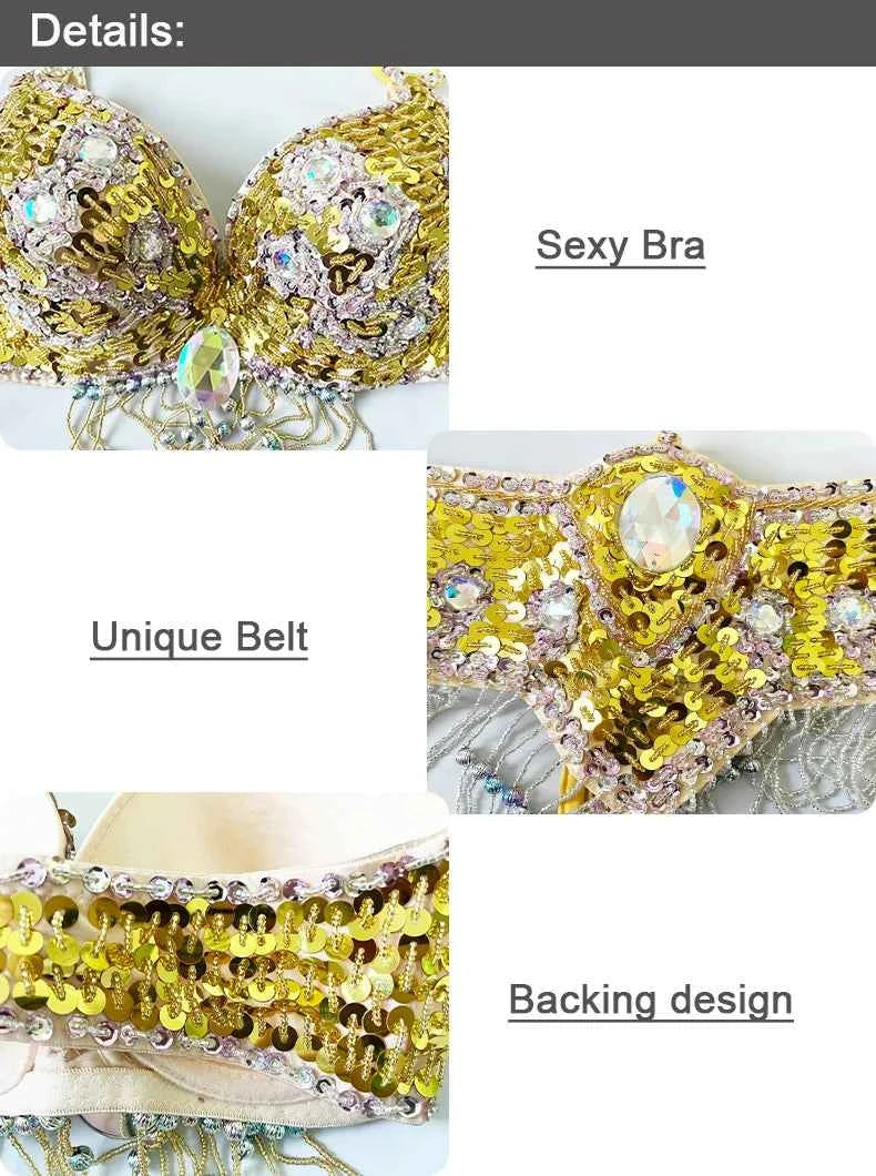Women Sexy Belly Dance Beaded Top Bra & Belt 2pieces Belly Dance Costume Outfit Set Female Bollytwood Dance Costume 11 Colors