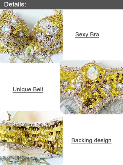 Women Sexy Belly Dance Beaded Top Bra & Belt 2pieces Belly Dance Costume Outfit Set Female Bollytwood Dance Costume 11 Colors