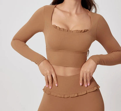 1/2PCS Pad Women Yoga Set Lotus Gym Fitness Long Sleeve Sports Crop Top High Waist Bell Flare Legging Workout Athletic Wear