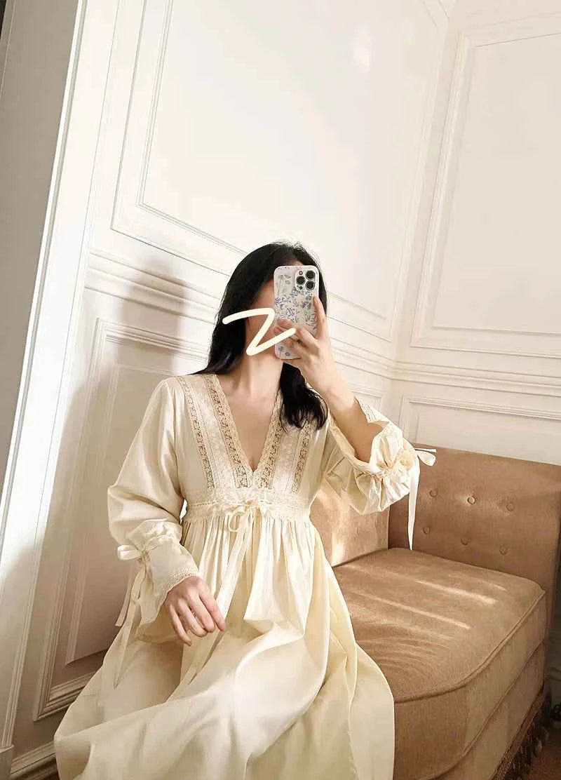 Vintage Embroidery Cotton Long Nightgowns For Lady Lace  Long Sleeve Beige Elegant Nightshirts Comfortable Sexy Night Dress