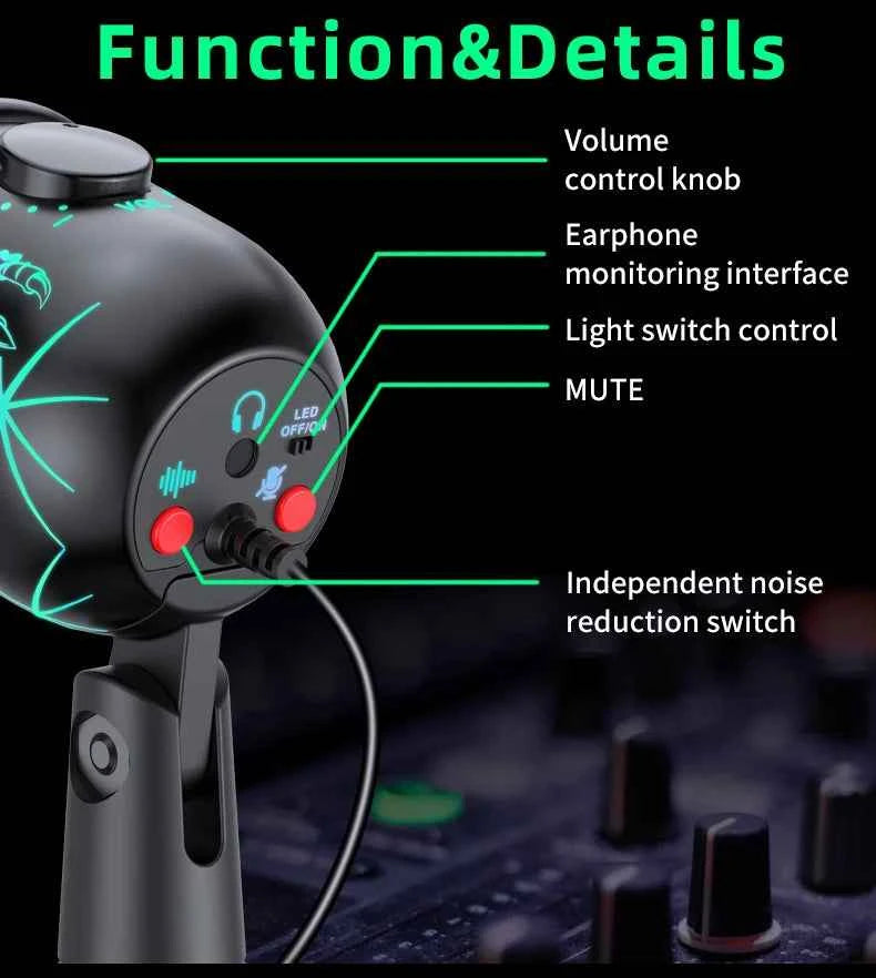 Gaming Microphone USB Microphone for PC Condenser Podcast Mic for Studio Recording with Headphone Jack, Led, Noise Cancellation