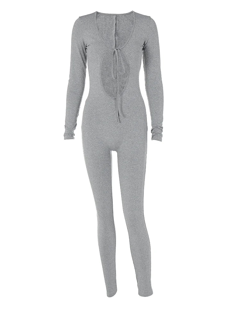 Dulzura Solid Pure Hole Hollow Out Straps Lace-Up Jumpsuit Long Sleeves 2023 Summer Autumn For Women Sexy Streetwear Wholesale - AMULET RING STORE