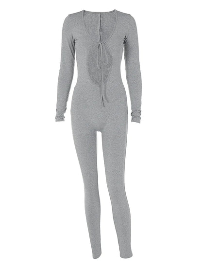 Dulzura Solid Pure Hole Hollow Out Straps Lace-Up Jumpsuit Long Sleeves 2023 Summer Autumn For Women Sexy Streetwear Wholesale - AMULET RING STORE