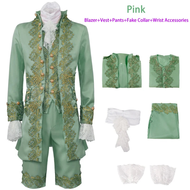 2025 New Medieval Vintage Prince Lace Suits for Men and Women, Halloween Performance Cosplay Three Piece Set(Blazer+Vest+Pants)
