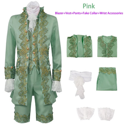 2025 New Medieval Vintage Prince Lace Suits for Men and Women, Halloween Performance Cosplay Three Piece Set(Blazer+Vest+Pants)