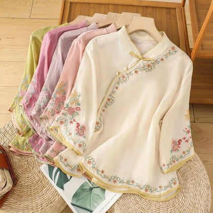 Casual Loose Blouse Shirt Women Clothes Summer Cotton Linen Ladies Tops Tee Blusas Vintage Embroidery Woman Shirt Camiseta Mujer