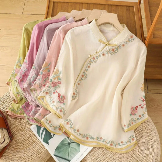 Casual Loose Blouse Shirt Women Clothes Summer Cotton Linen Ladies Tops Tee Blusas Vintage Embroidery Woman Shirt Camiseta Mujer