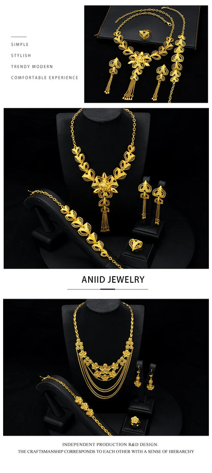 ANIID Africa Luxury Charm Necklace Sets With Tassel for Lady Indian Bridal Nigeria 24k Gold Plated Jewelry Set Party Gifts