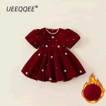 Autumn Winter Children Dress 1-10Y Girls Pearl Thick Warm Fleece Party Christmas Princess Dresses Toddler Wear Kids Clothing New