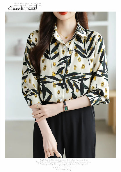 2025 Spring Autumn New Office Lady Blouse Fashion Floral Printed Shirt Turndown Collar Med-Length Long Sleeve Women Tops