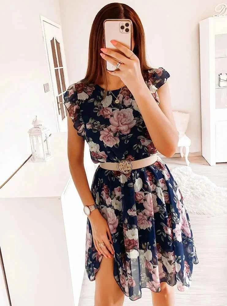 Summer Fashion Floral Printed Long Dress Ladies Sleeveless Elastic Waist Beach Dress 2025 Women V-Neck Pleated Chiffon Cover-Ups