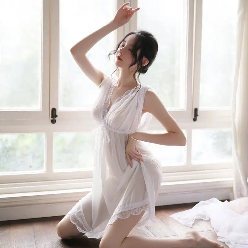 Sexy Sleepwear Women V-neck Nightgown Sexy Nightdress Lace Mesh Pajama Loungewear Summer Dress Nightwear Night Wear