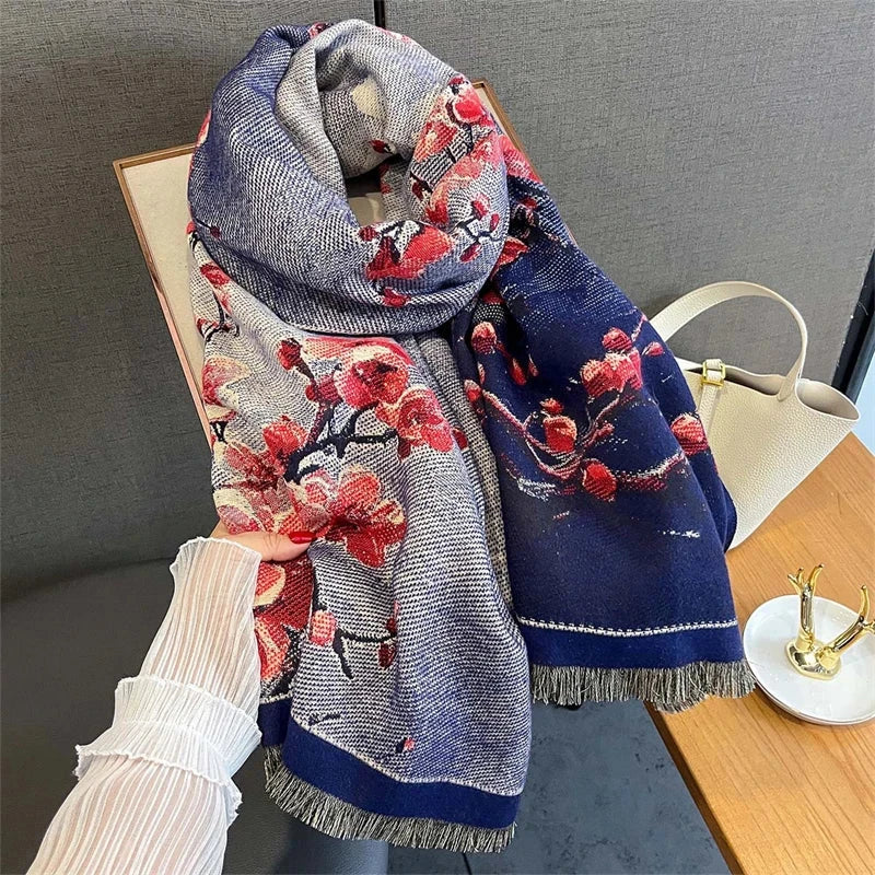 65*190cm Winter Warm Women Scarf Double-Sided Flower Faux Cashmere Scarves Luxury Wrap Shawls High-Quality Pashmina - AMULET RING STORE