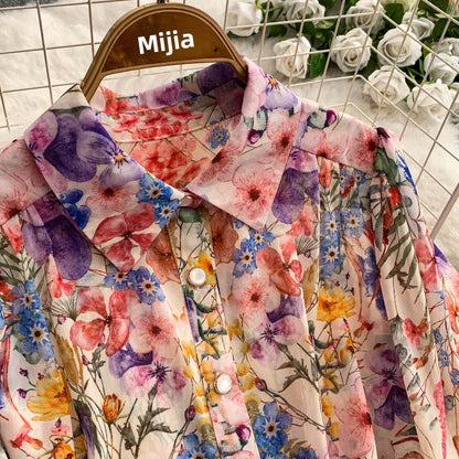 Faionable Print Long Dr Women's Spring Belted Waist Pleated Lantern Sve Turn-down Collar Dr Korean Sle Commute