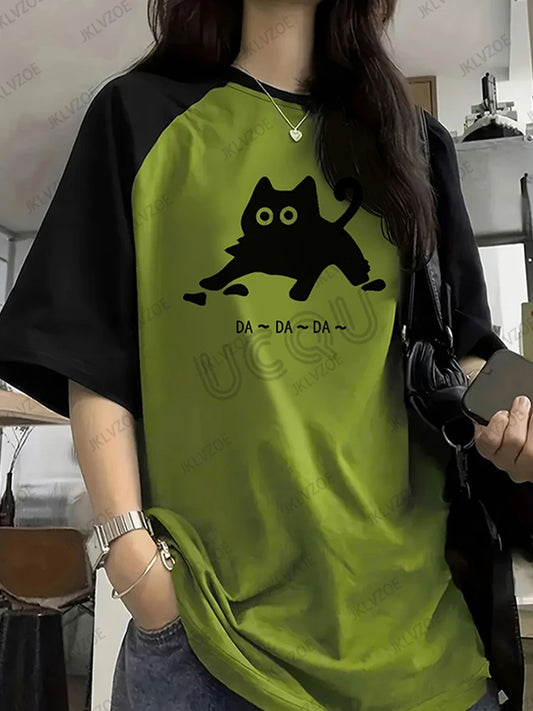 2025 Summer New Funny Cat Printed T-Shirt For Women Patchwork Short Sleeve Harajuku Tees Football Jersey Y2K Sports Loose Tops - AMULET RING STORE