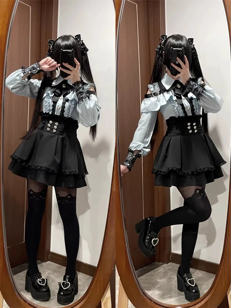 Sweet Gothic Lolita Two Piece Set, Off Shoulder Blouse + High Waist Skirt, Kawaii Tri-color Lace Coord Outfit for Women & Teens