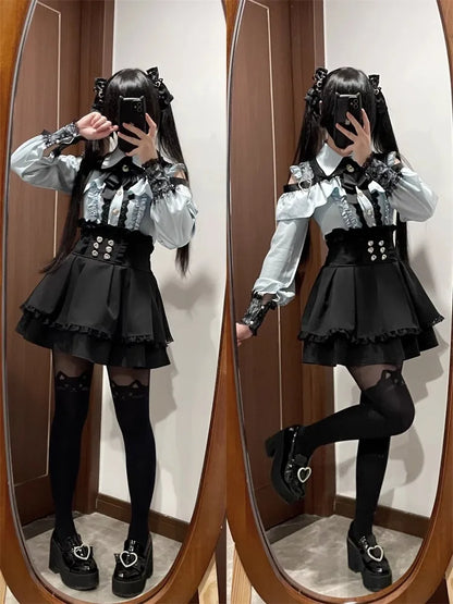 Sweet Gothic Lolita Two Piece Set, Off Shoulder Blouse + High Waist Skirt, Kawaii Tri-color Lace Coord Outfit for Women & Teens