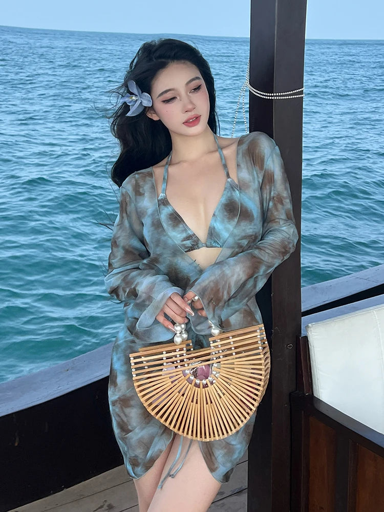 XL-5XL Plus Size Vacation Bikini Sexy Three-Piece Split Long Sleeve Swimsuit Women Summer Blue Pleated Beach Party Swimsuits