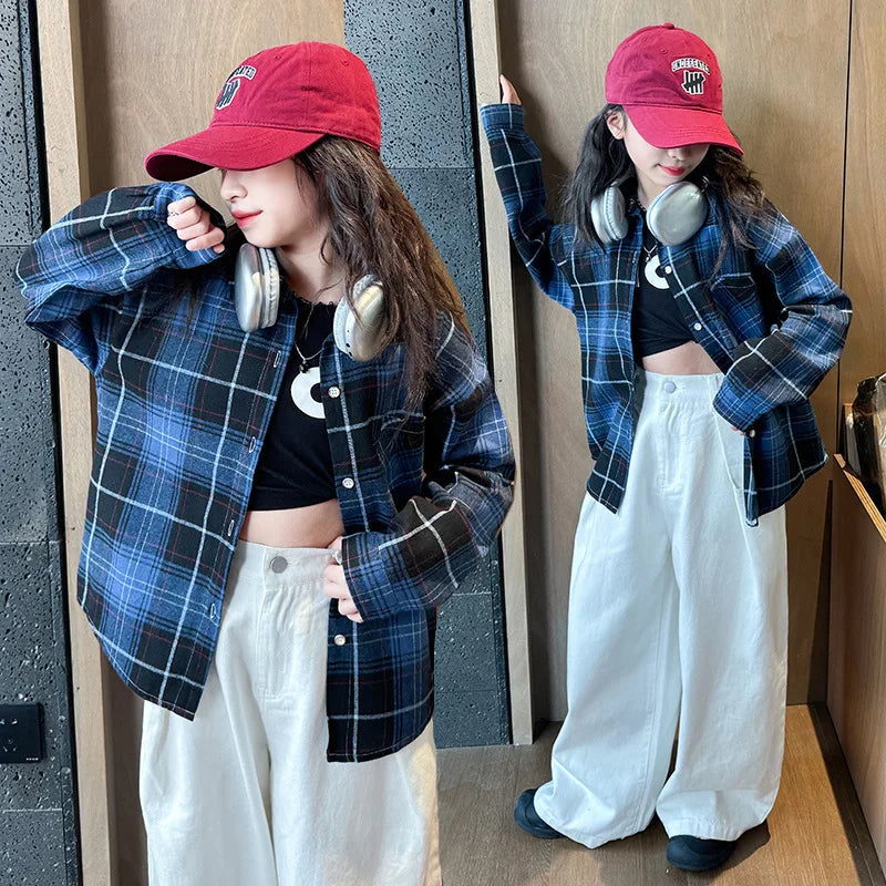 2025 Spring Girls Plaid Shirt Comfort Fashion Teen Kids Tops Clothes Casual All-match Long Sleeve Children Blouse 10 12 13 Years