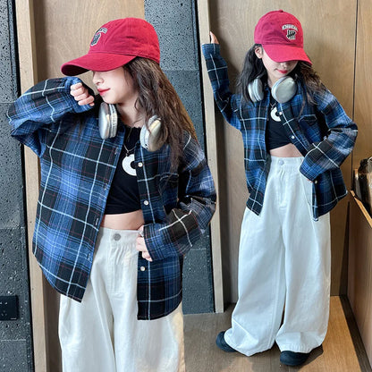 2025 Spring Girls Plaid Shirt Comfort Fashion Teen Kids Tops Clothes Casual All-match Long Sleeve Children Blouse 10 12 13 Years