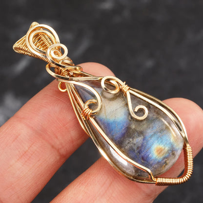 Labradorite Rainbow Moonstone Gemstone Pendant Copper Wire Wrapped Labradorite Jewelry Labradorite Necklace With Chain and Box