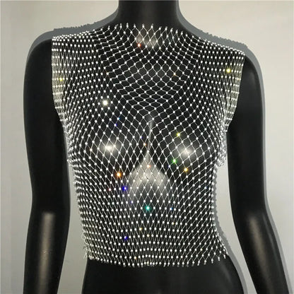 Women's Fishnet Rhinestone Crop Top 2024 Summer Sexy Mesh High Elastic Black White Shirt Net See Through Rave Diamond Tank Top - AMULET RING STORE