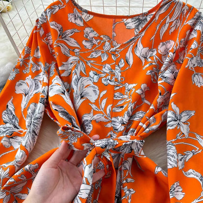 Elegant Boho Floral Print Floral Pleated Maxi Long Dress Female V Neck Puff Sleeve Belt Dresses Women Summer Dress Robe