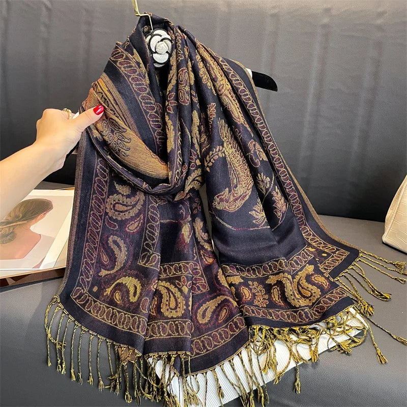 Women National Style Flower Pattern Scarf Jacquard Pashmina Cashmere Tassel Classic Shawl Coldproof Warm Neck Protection