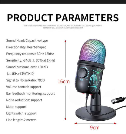 Gaming Microphone USB Microphone for PC Condenser Podcast Mic for Studio Recording with Headphone Jack, Led, Noise Cancellation