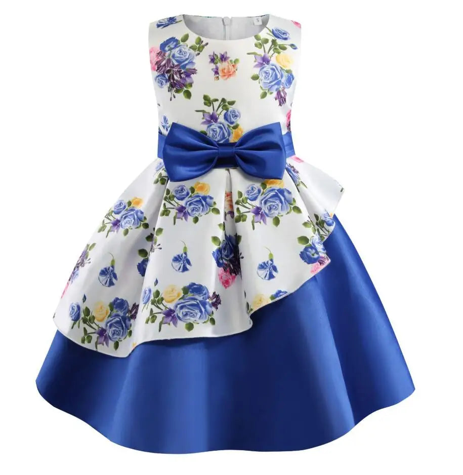 Summer Girls Rose Print Dress Princess Wedding Birthday Party Frocks Satin Children Vestidos Dresses For Girl Christmas Clothing