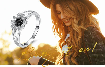 JewelryPalace Flower Natural Black Spinel 925 Sterling Silver Ring for Women Fashion Gemstone Jewelry Anniversary Birthday Gift
