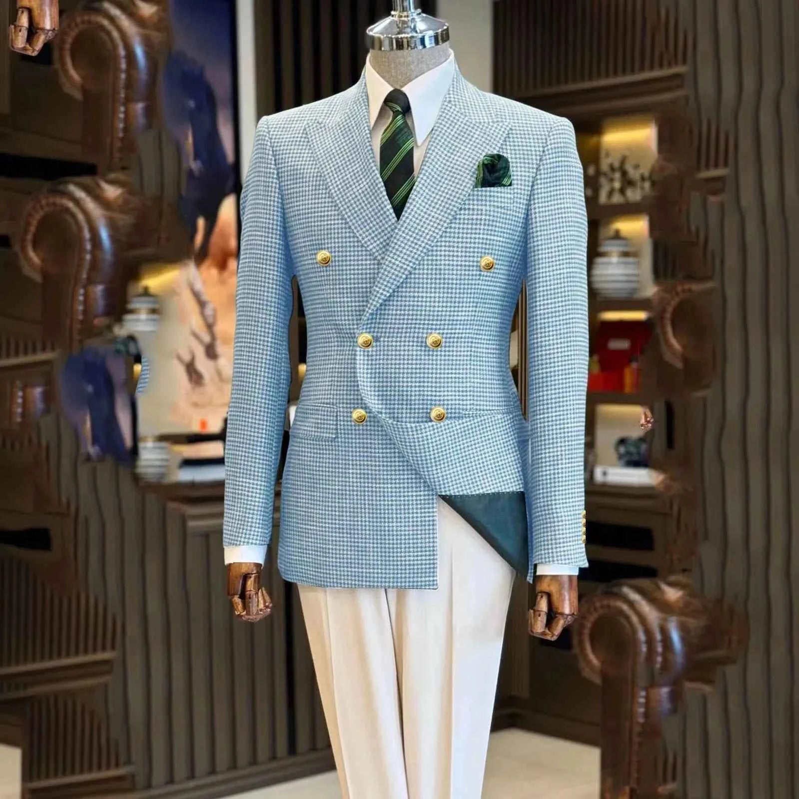 Men's Blazer Suit Navy Blue Houndstooth Peak Lapel Double Breasted Business Slim fit Grid Man Suits Jacket Formal Party Tuxedos