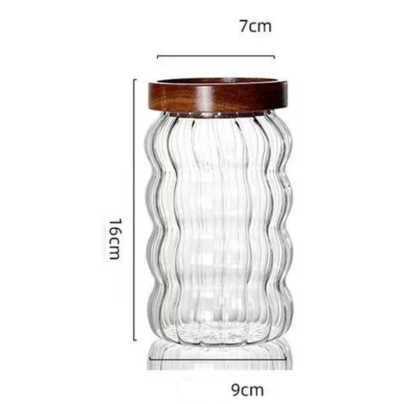 Wood Lid Striped Glass Storage Bottles Sealed Jar Tea Coffee Beans Grains Candy Jars Organizer Kitchen Food Glass Containers - AMULET RING STORE