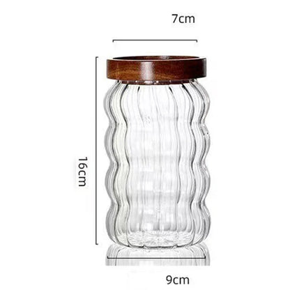 Wood Lid Striped Glass Storage Bottles Sealed Jar Tea Coffee Beans Grains Candy Jars Organizer Kitchen Food Glass Containers - AMULET RING STORE