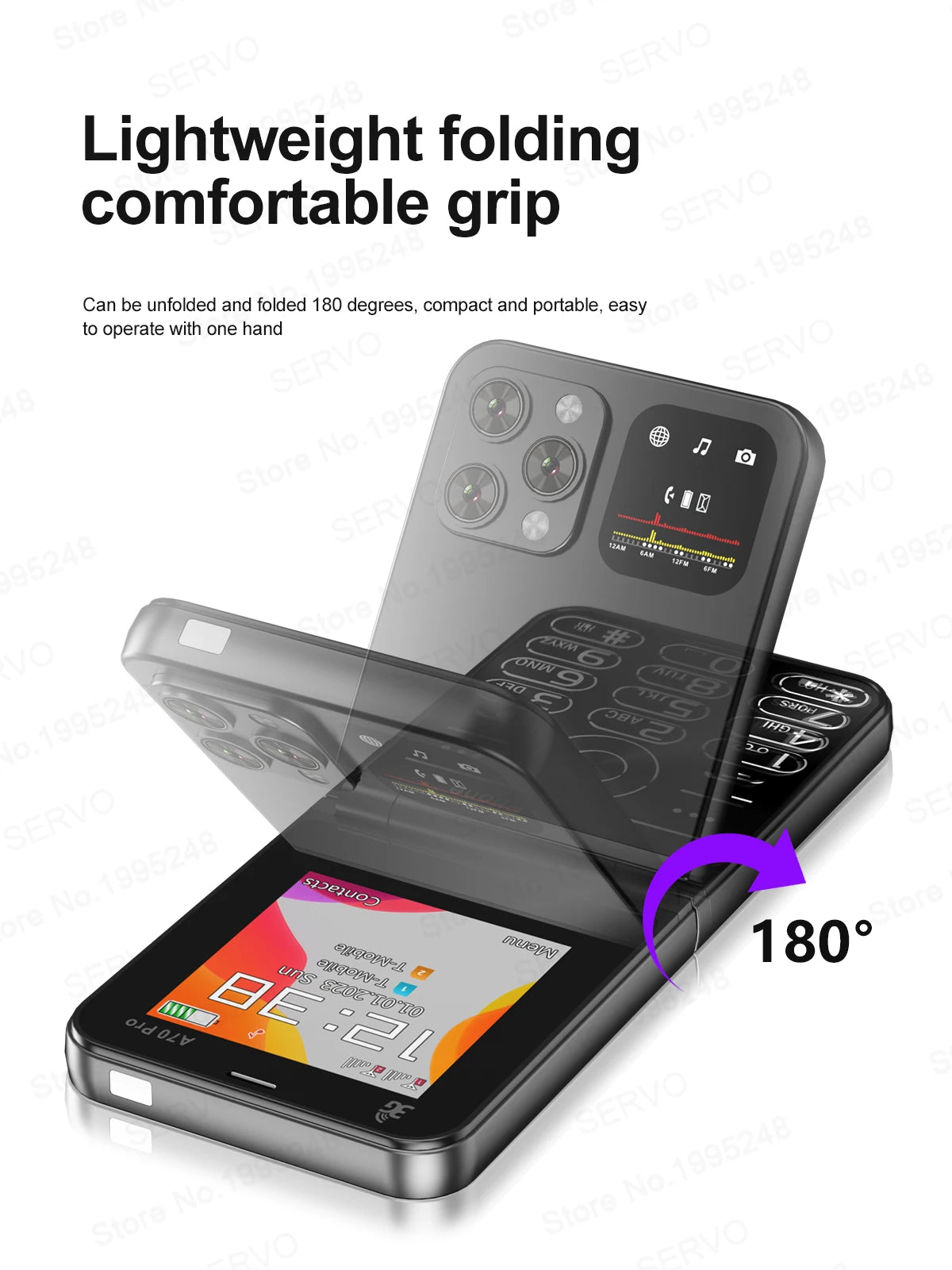 SERVO A70 Pro 3G Network Foldable Phone Speed Dial Call Recording FM Radio Flashlight Key 2.6" Screen Flip Phones 2 SIM Standby