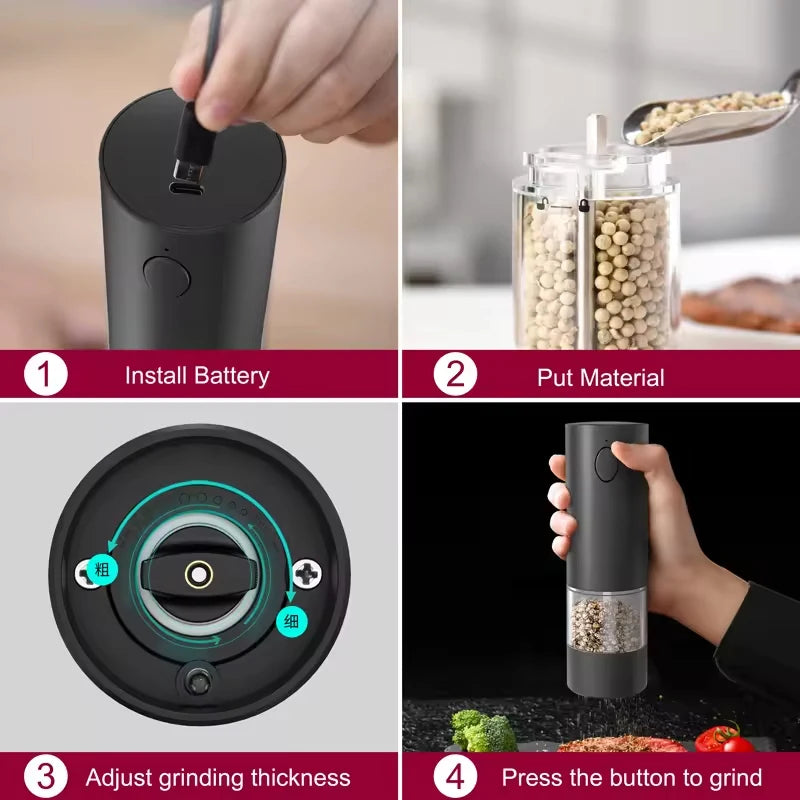 1/2PCS Electric Salt And Pepper Grinder with LED Light Gravity Sensing Adjustable Spice Mills Cordless Automatic Kitchen Gadget - AMULET RING STORE