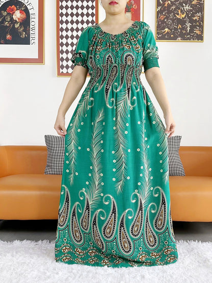 New Summer Women Abaya Short Sleeve Dashiki Floral Collect Waist Loose Maxi Robe Floral Femme Musulmane African Printing Abaya