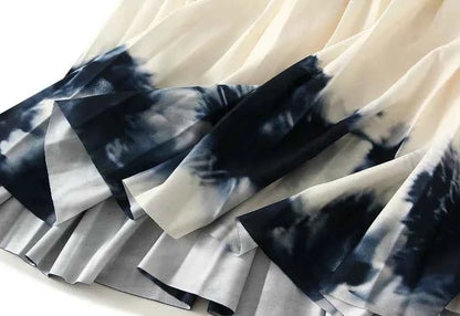 Printed pleated skirt with elastic waistband, colorful flower big swing skirt, women's contrasting long skirt, A-line skirt, new