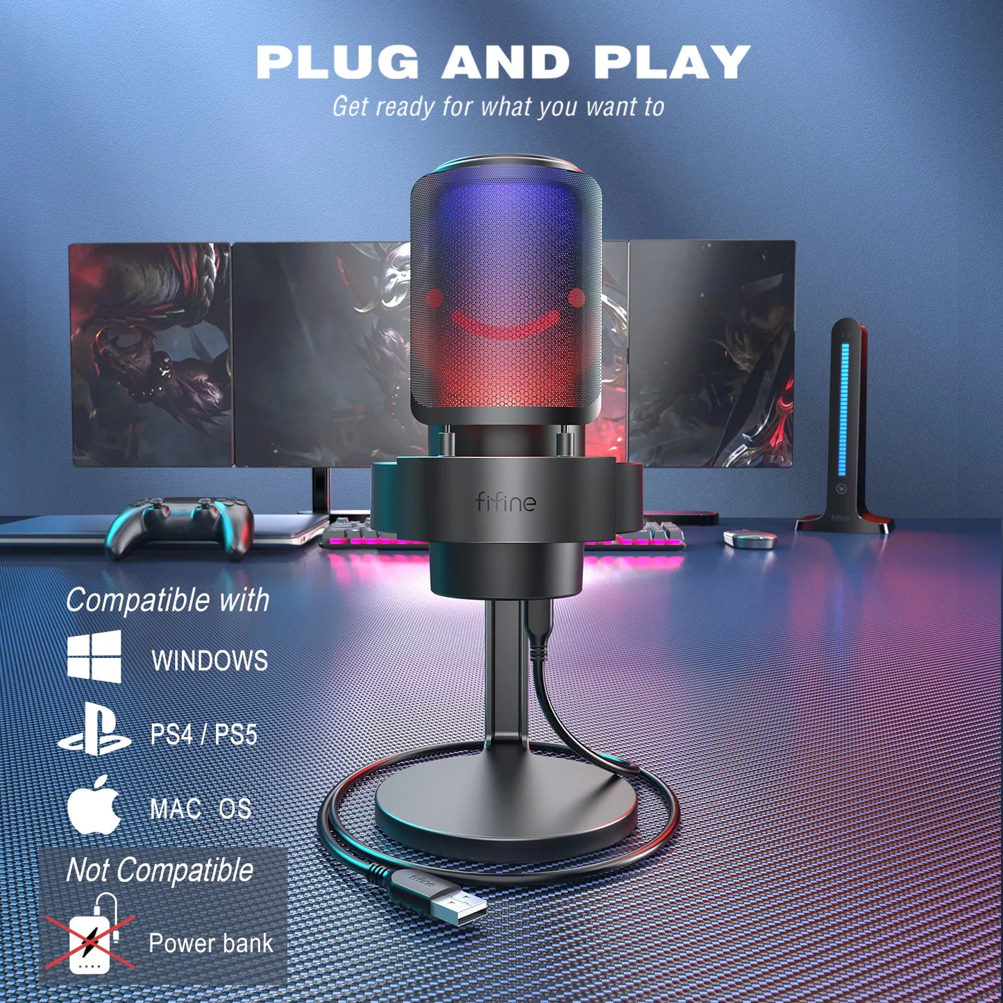 FIFINE USB Microphone for Recording and Streaming on PC and Mac,Headphone Output and Touch-Mute Button,Mic with 3 RGB Modes -A8