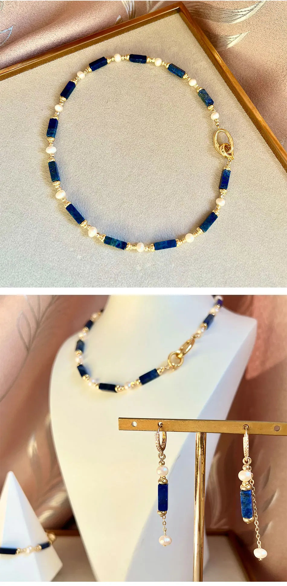 Exclusive Design Personalized Natural Freshwater Pearl Lapis lazuli Necklace Bracelet Earrings Copper Plated 14k Gold Accessorie